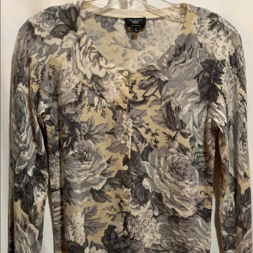 TALBOTS CASHMERE FLORAL SWEATER SZ P GRAY SUMMER WEIGHT CARDIGAN